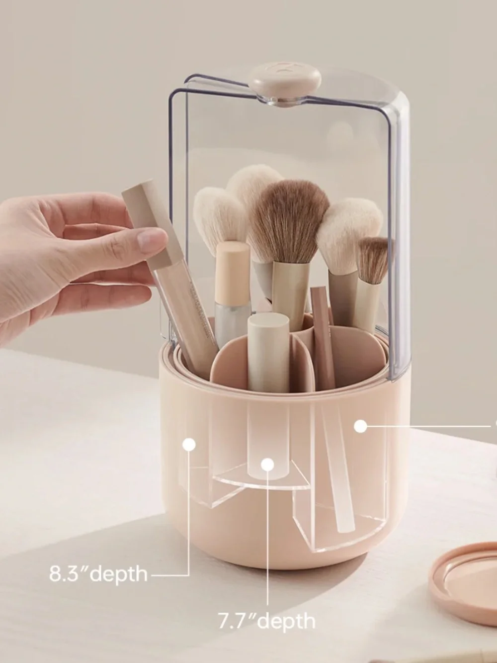 Beige Rotating Makeup Organizer with Clear Dust Cover